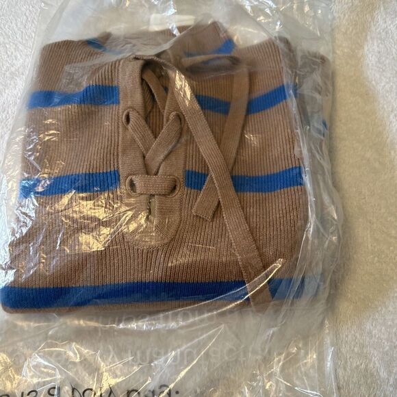 Everlane Lace Up Smock Sweater Chestnut Blue Stripe Organic Cotton Wool Sz L - Picture 10 of 10